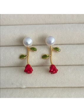 Pearl Rose Earrings, Freshwater Pearl, Gold Filled, Romantic Gift for Her